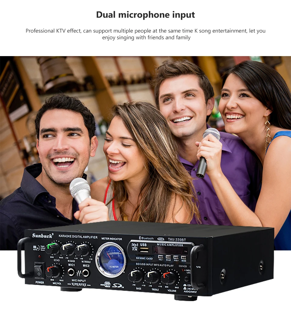 SUNBUCK 2,0 канальный Hi-Fi Bluetooth Стерео AV усилитель домашний кинотеатр аудио Радио Bluetooth профессиональный автомобильный усилитель 12 В/220 В