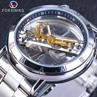 forsining double side transparent tourbillion silver case mechanical steampunk mens skeleton clock creative mechanical watch