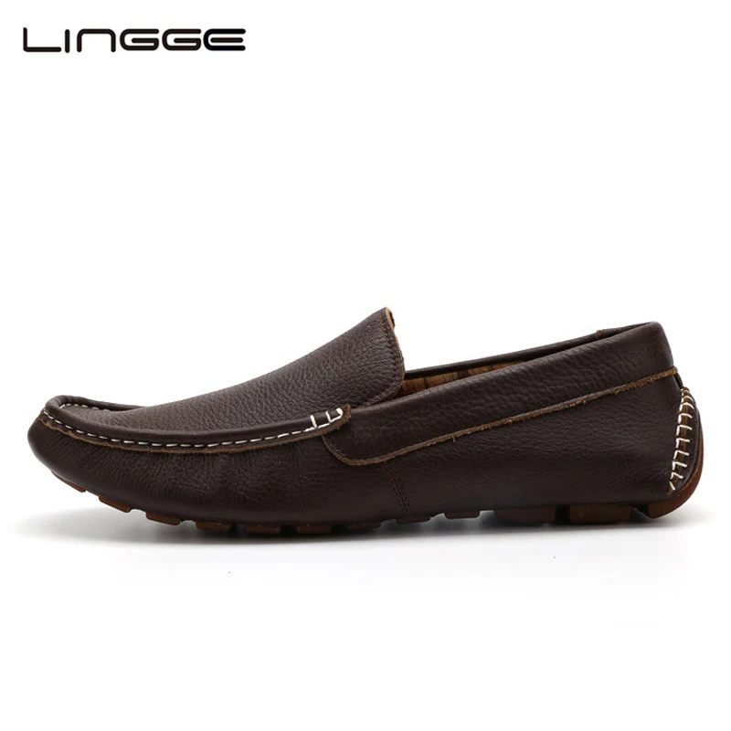 LINGGE New Men Loafers Top Quality Genuine Leather Shoes Driving Loafer Soft Casual Slip On Big Size #556-1 | Обувь