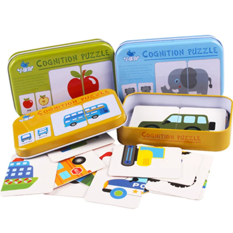 

Educational Cognition Puzzle Toys Toddler Iron Box Cards Matching Game Cognitive Card Vehicl Fruit Animal Life Set Pair Puzzle