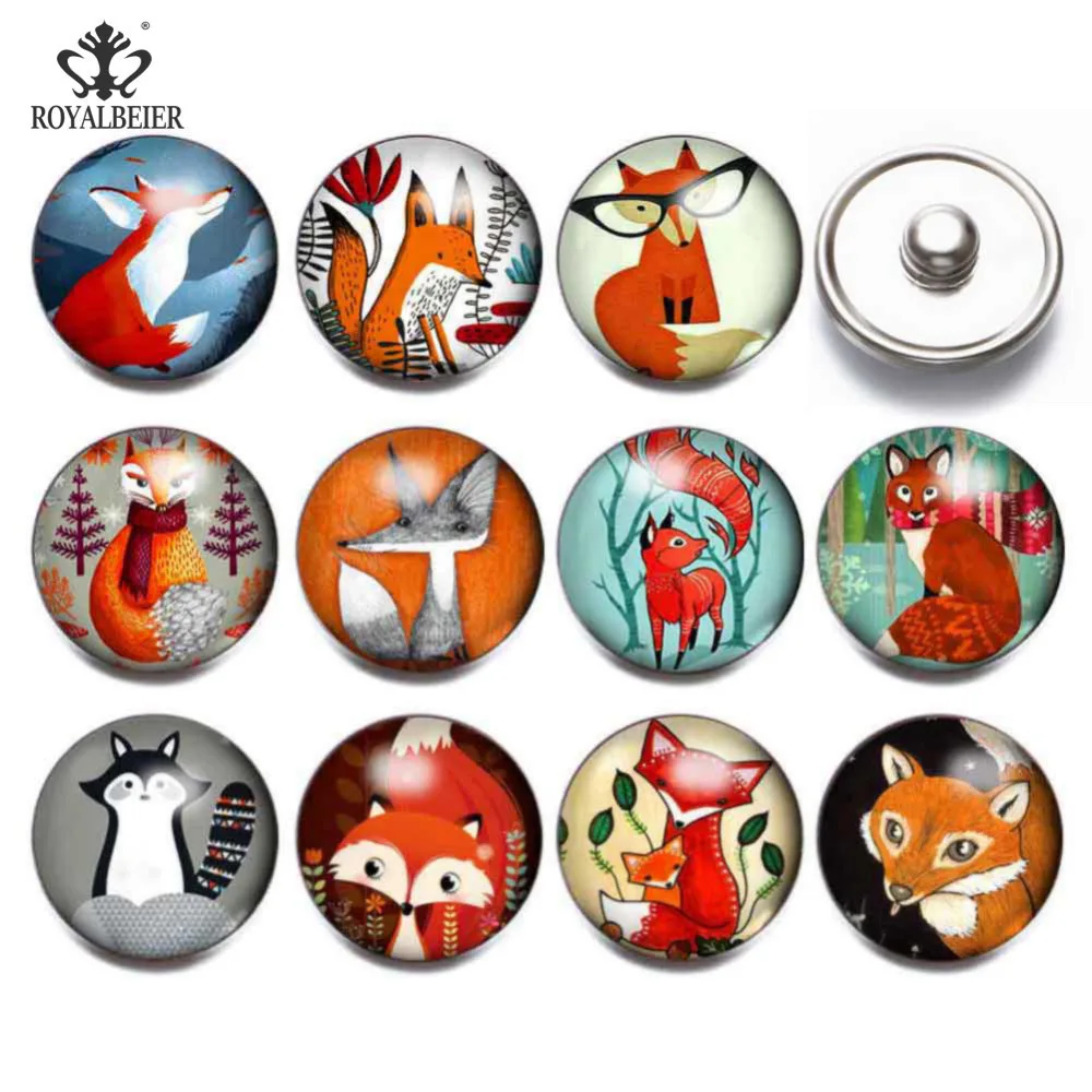Royalbeier 12pcs Cartoon Snap Buttons Fox Print Glass Cabochon Fit Snap Bracelets Necklace 18mm Beads Charms DIY Jewelry Buttons