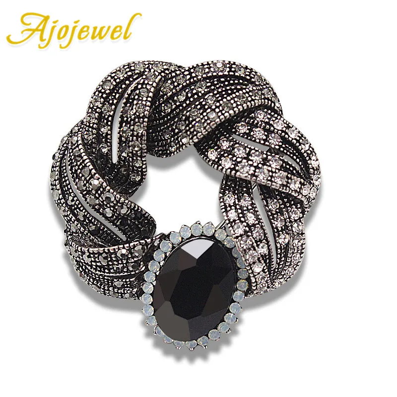 Бренд Ajojewel, большой черный кристалл, броши для женщин, круглый цветок, полностью из страз, винтажные Ретро ювелирные изделия, Bijoux Femme