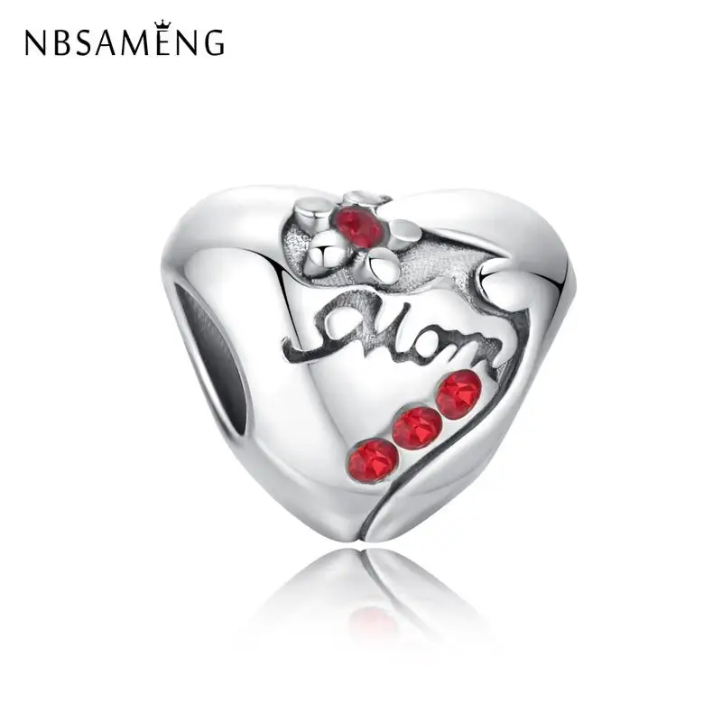 

Fashion Silver Plated Beads Charm Red Crystal Love for Mother Charm Fit Original Bracelets Women Diy Jewelry Making