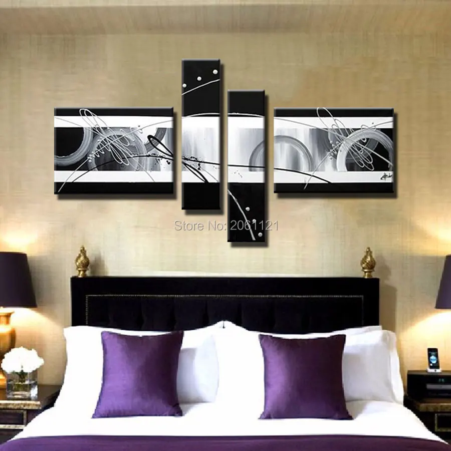 Ручная роспись 4 предмета холст Настенная картина черно белая масляная живопись