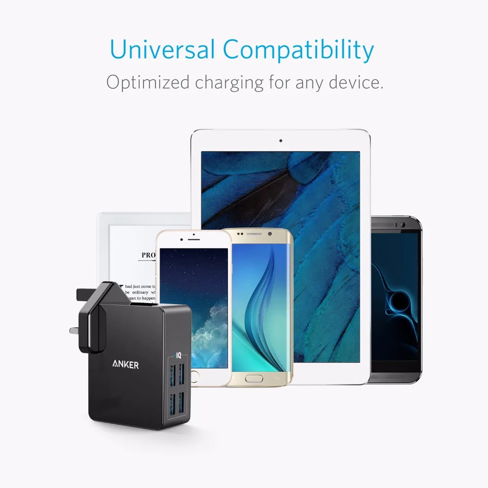 Anker 27 Вт 4-портовое настенное зарядное устройство USB порт питания 4 Lite со сменными вилками Великобритании и ЕС для iPhone Galaxy iPad htc huawei LG и т. Д