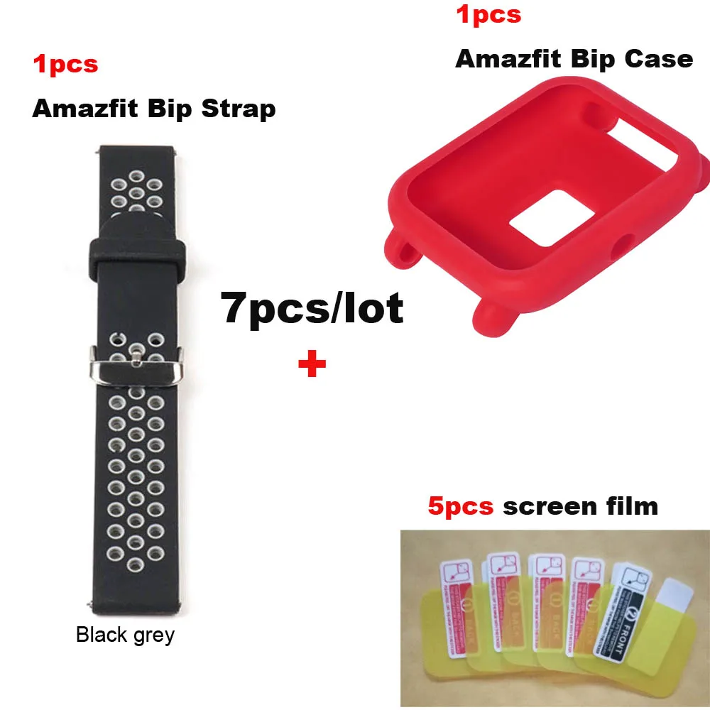 7/лот для Xiaomi Huami Amazfit Bip Bit Lite ремешок для часов 20 мм наручный браслет защита экрана Pantalla пленка защитный чехол - Цвет: Black Grey-Red Case