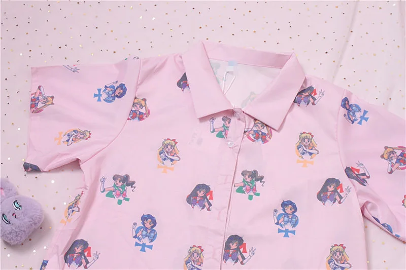 Daddy Chen Blusas Algodon, Ретро стиль, Mujer, розовая рубашка Сейлор Мун, милая мультяшная футболка, женская рубашка на пуговицах, свободная, короткий рукав, Kawaii