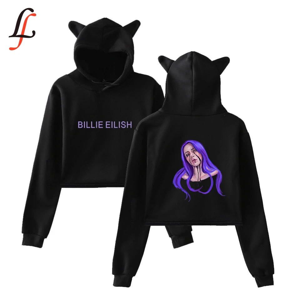 Billie Eilish Кепка с кошачьими ушками сексуальные толстовки модный тренд короткий кошачий Топ Женская толстовка с принтом сексуальная одежда Kpop