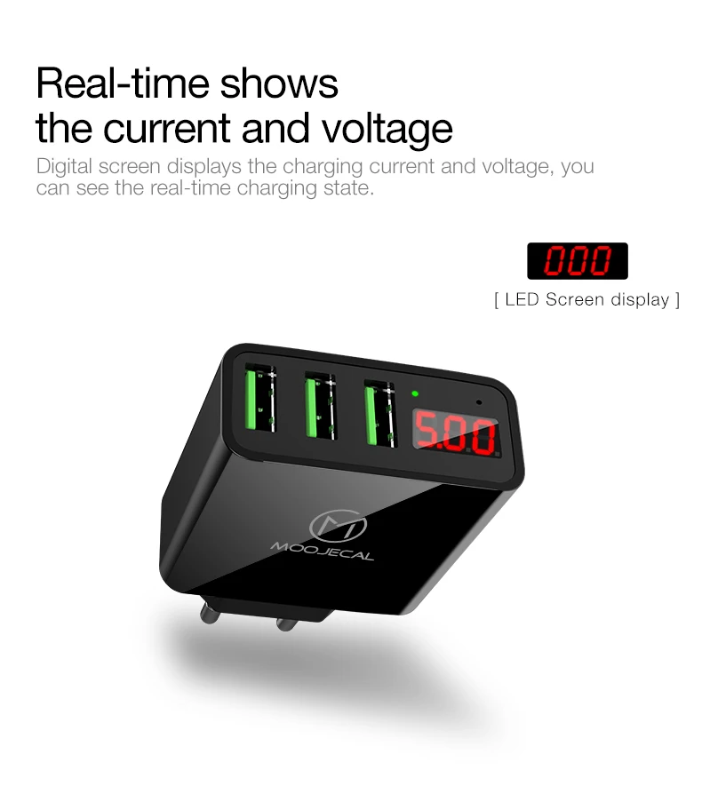 MOOJECAL, светодиодный 3 Порты USB Зарядное устройство Универсальная вилка европейского стандарта стены мобильного телефона Зарядное устройство для iPhone Xs Max X 8 7 для samsung S8 S9 адаптер
