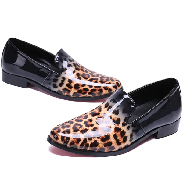 Handmade Leopard Patent Leather Slip On Men Loafers Casual Shoes Shinny Round Toe Printing Red Bottom Flat Moccasin | Обувь