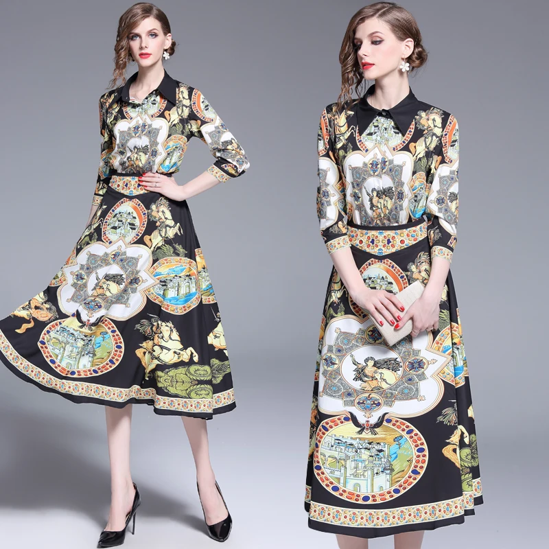 

BLLOCUE High Quality Runway Designer Suit Set 2019 Fall Women Vintage Totems Print Blouse Shirt+ Mid-Calf A-Line Skirt Suit