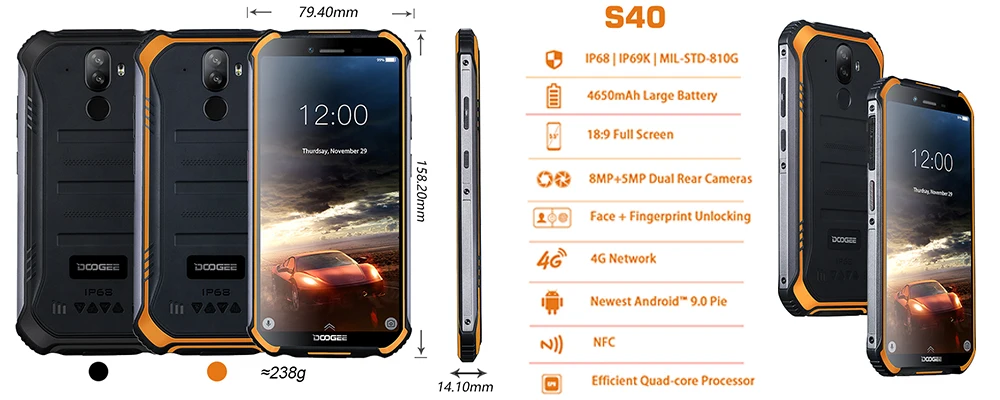 DOOGEE S40 4 GNetwork прочный мобильный телефон 5,5 дюймов дисплей 4650 мАч MT6739 четырехъядерный 3 ГБ ОЗУ 32 Гб ПЗУ Android 9,0 8.0MP IP68/IP69K