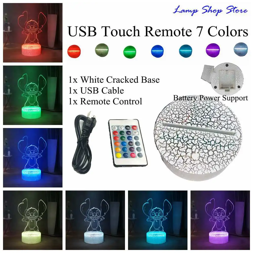 USB Remote 7 Color Милый 3D Визуальный светильник Lilo& Stitch USB сенсорный светодиодный ночной Светильник для сна Kawaii маленький синий инопланетянин Монстр стежок подарок для девочек - Испускаемый цвет: USB Remote 7 Color