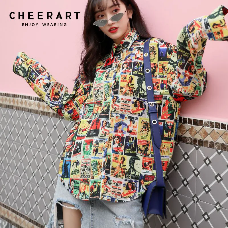 Женская блузка с длинным рукавом Cheerart разноцветная Свободная рубашка принтом в