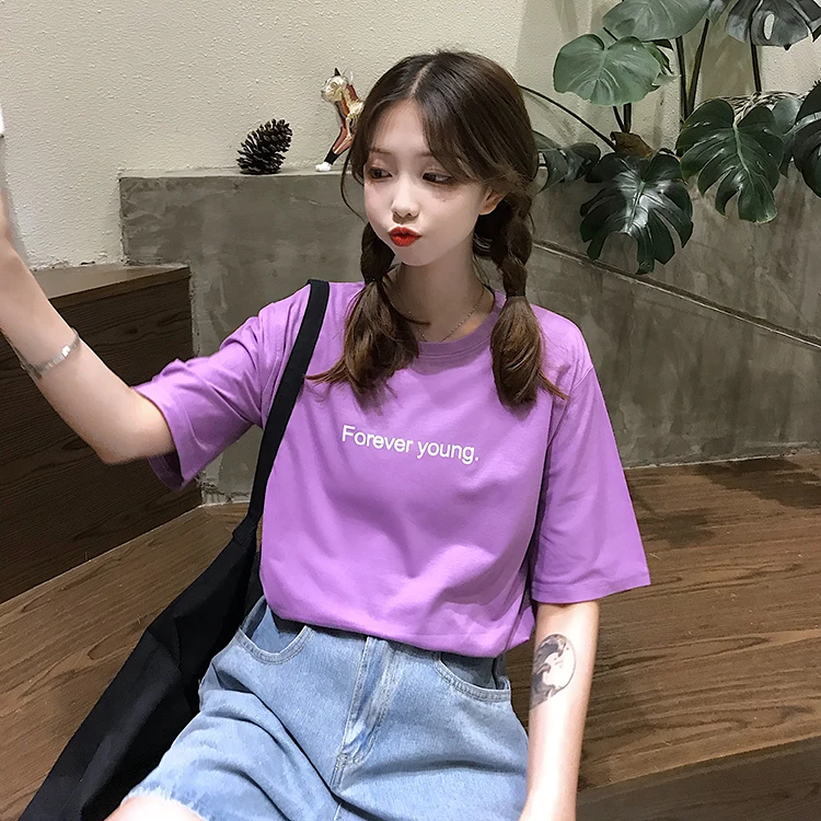Jielur футболка Женская Harajuku Свободная Повседневная футболка с надписью Forever Young летняя хипстерская Корейская уличная Базовая футболка фиолетовая Синяя