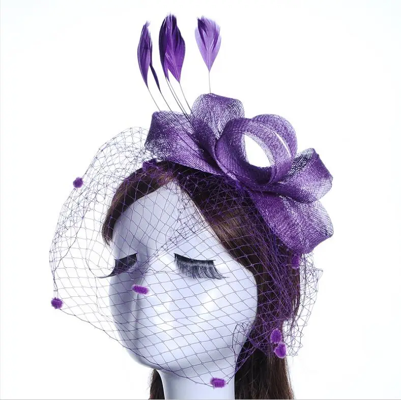 Фиолетовый JaneVini элегантные черные свадебные шапки и Fascinators для женские вечерние свадебные сетчатый головной убор с вуалью перо свадебные аксессуары для невест - Цвет: Фиолетовый