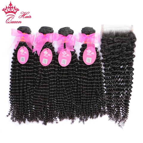Queen Hair Products Brazilian Kinky Curly Bundles With Closure Human Hair Free Part Lace Closure Virgin Raw Hair Extensions