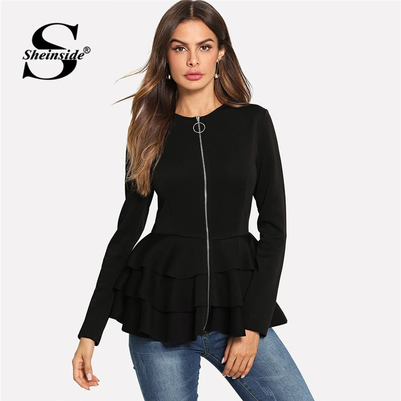 Sheinside, однотонный, черный, с круглым вырезом, на молнии, удлиненный, женский, рабочая одежда, Блейзер, многоуровневый слой, подол, длинный рукав, стрейч, женское, осеннее пальто
