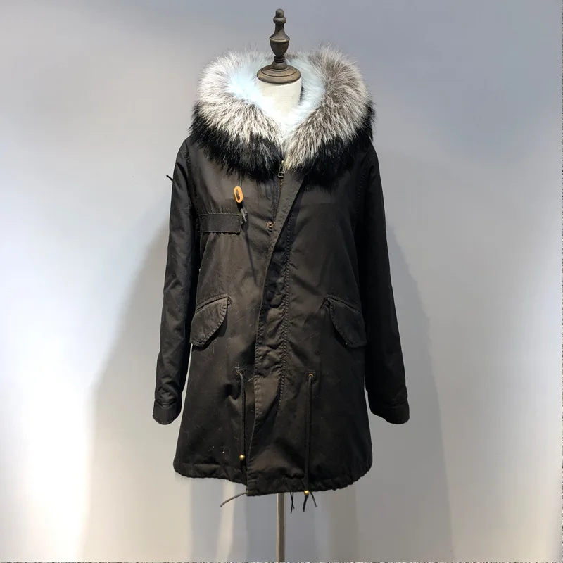 the women of new fund 2018 autumn winters in blue coat three spell fox fur bladder long silver | Женская одежда