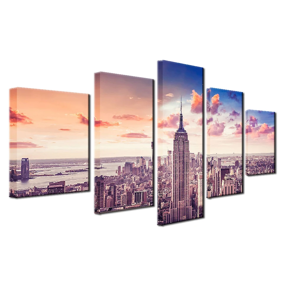

Wall Art Decor Canvas Pictures HD Prints Living Room 5 Pieces Sunset New York City Building Paintings Cityscape Poster Unframed