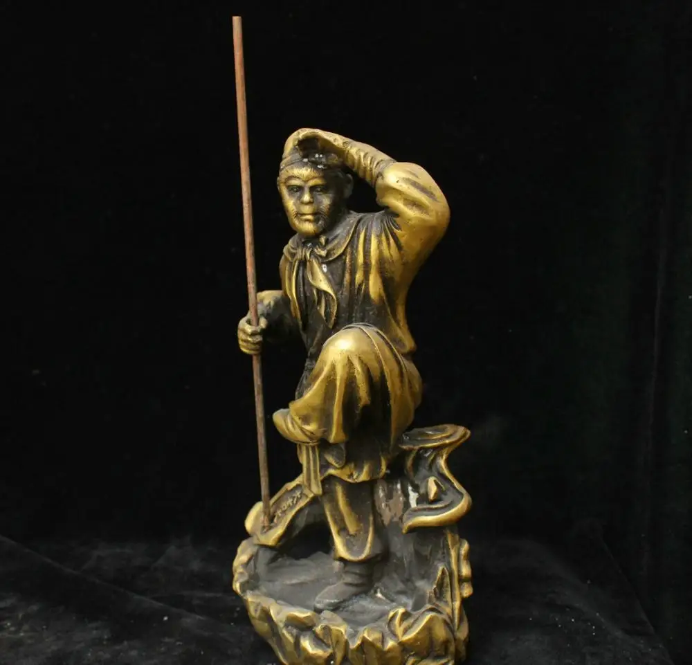 12 &quotКитайская старая желтая бронзовая ручная работа Sun Wukong Статуя обезьяны Будды