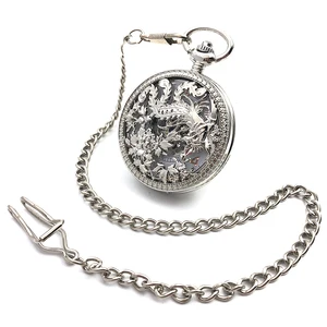 Цветок гравировки скелет в стиле стимпанк Серебристые тон случае ручной Ветер Механические мужские карманные часы с цепочкой половина охотничьи часы