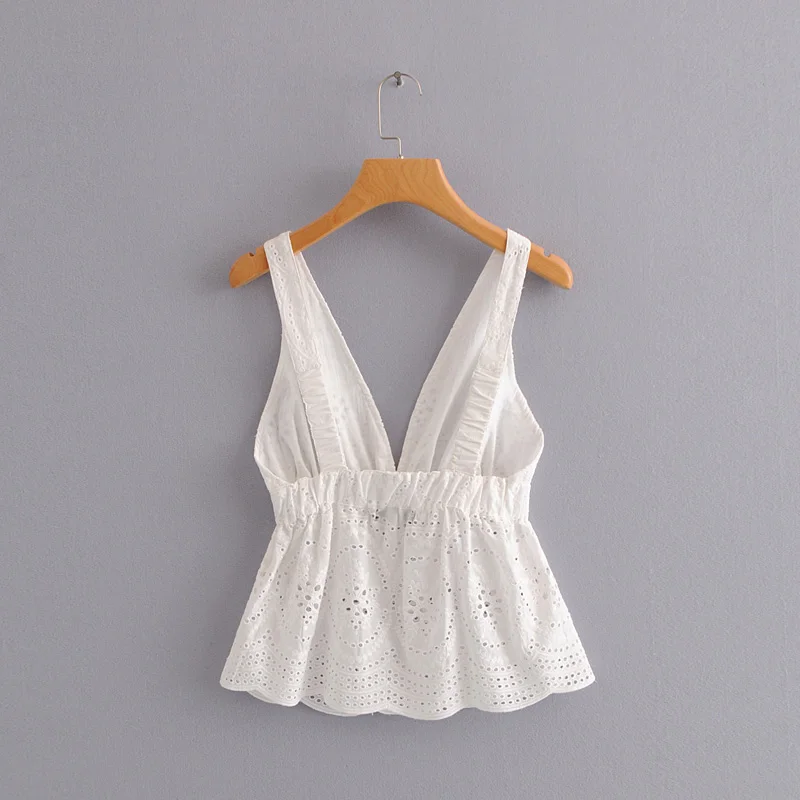 DENISKA 2018 Hollow Out Floral Embroidery Camis Blouse Sexy Sleeveless Backless Pleated Shirts White Ladies Summ | Женская одежда