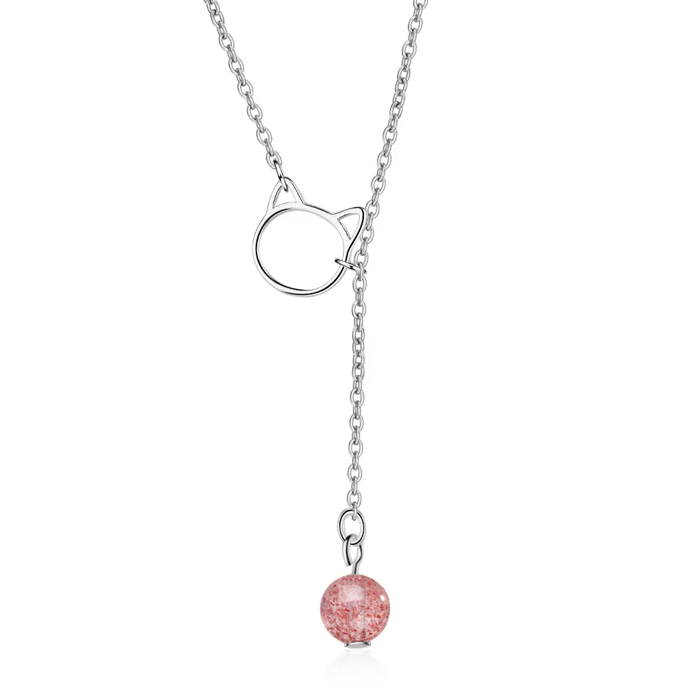 

Fashion Cute Cat Animal Pink Strawberry Quartz 925 Sterling Silver Ladies Pendant Necklace Jewelry For Women Short Chains