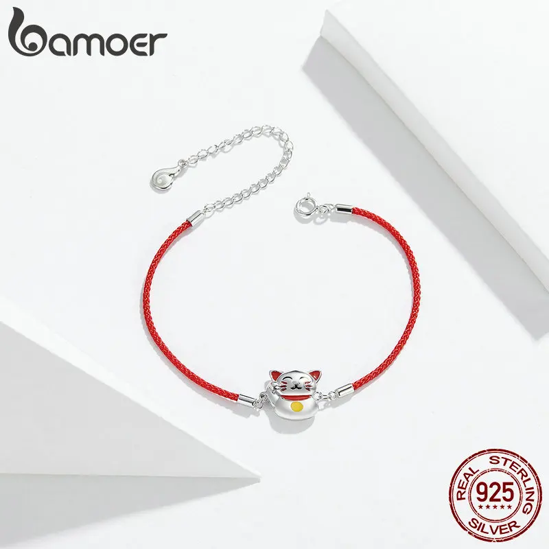 Браслет bamoer Lucky Cat для девочек, регулируемый браслет с Красной веревкой, браслеты с 925 пробы, серебряные ювелирные изделия BSB012