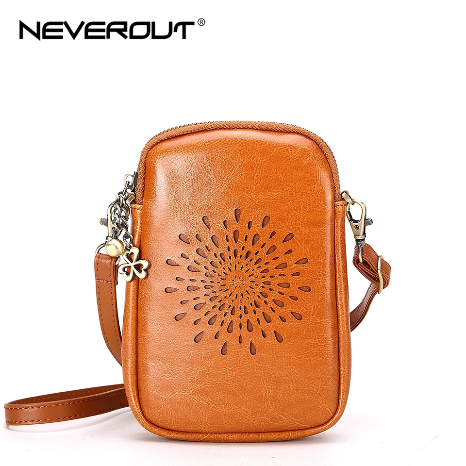 Сумка мессенджер NEVEROUT винтажная с отверстиями для мобильного телефона из кожи