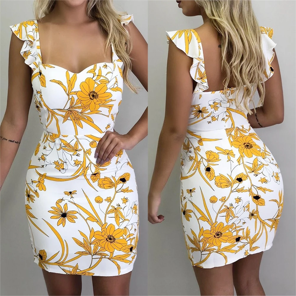 Women Dress Backless Party Floral Holiday Summer Elegant Mini Package Hip Fashion Slim Sexy Sling Ruffle Sleeve | Женская одежда