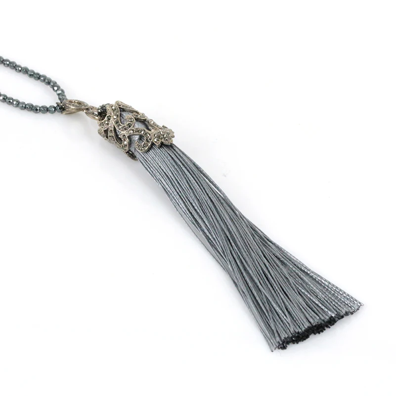 Женская цепочка из гематита серо серая ткань цвет черный|necklaces for women|tassel pendantnecklace