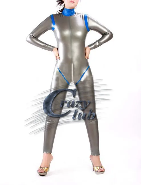 Сексуальный женский серебристый сексуальный латексный костюм кошка zentai с синей