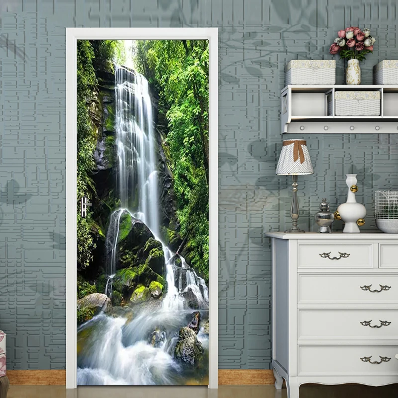 Красивая Водопад с зеленым лесом Настенная Наклейка на дверь самоклеящиеся