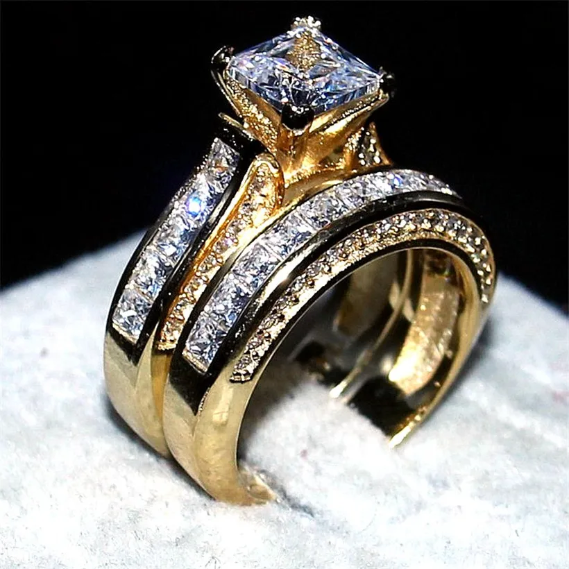 Choucong изделия класса люкс 7*7 мм Принцесса cut 15ct 5a Циркон 2-в-1 кольцо 14KT желтого золота обручальное кольцо с нашивкой в виде кольца на безымянном пальце для Для женщин