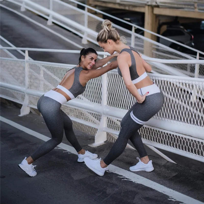 Women's Fitness Suits Workout Sexy Backless Crop Tank Top High Waist Legging Pants 2 Pieces Set Fashion Female Grey Tracksuit | Женская