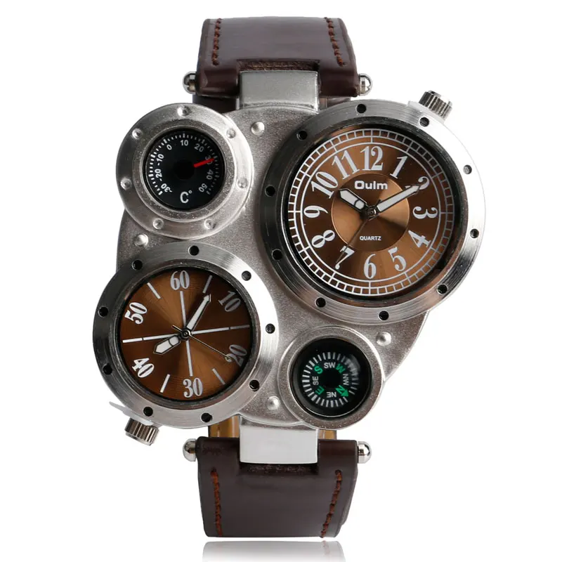 Brown Dial OULM военные кварцевые часы мужские Deco компасы Стильные армейские часы с кожаным ремешком спортивные современные мужские наручные часы с двойным движением t большие - Цвет: Brown Dial