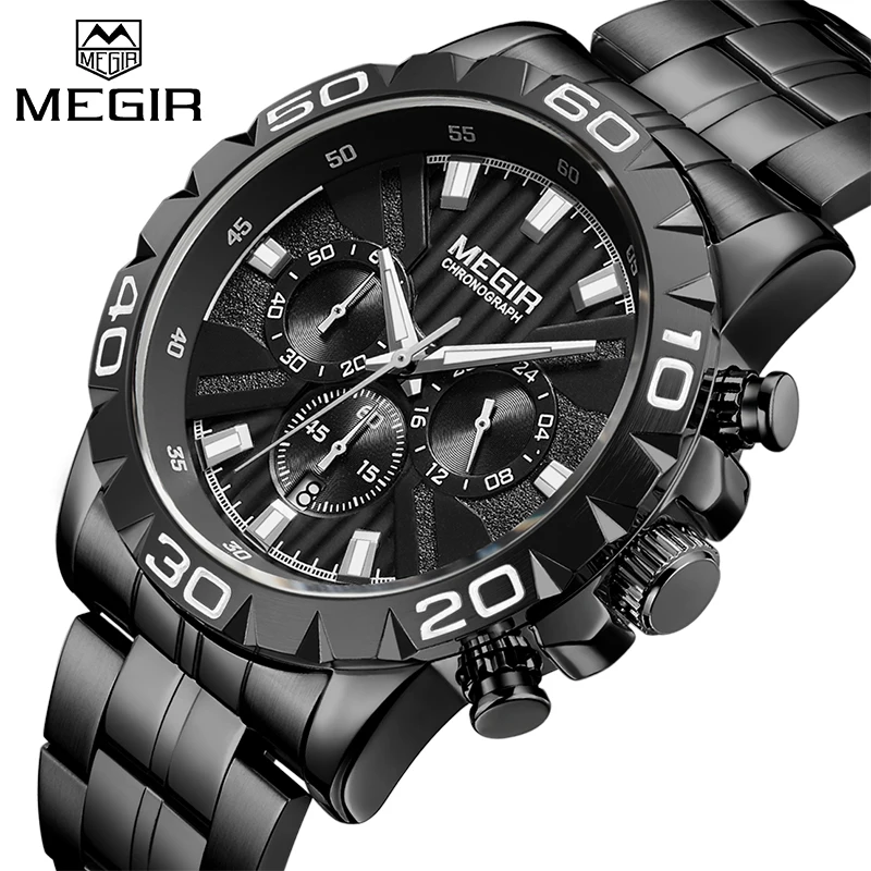 Часы MEGIR мужские спортивные водонепроницаемые полностью стальные кварцевые