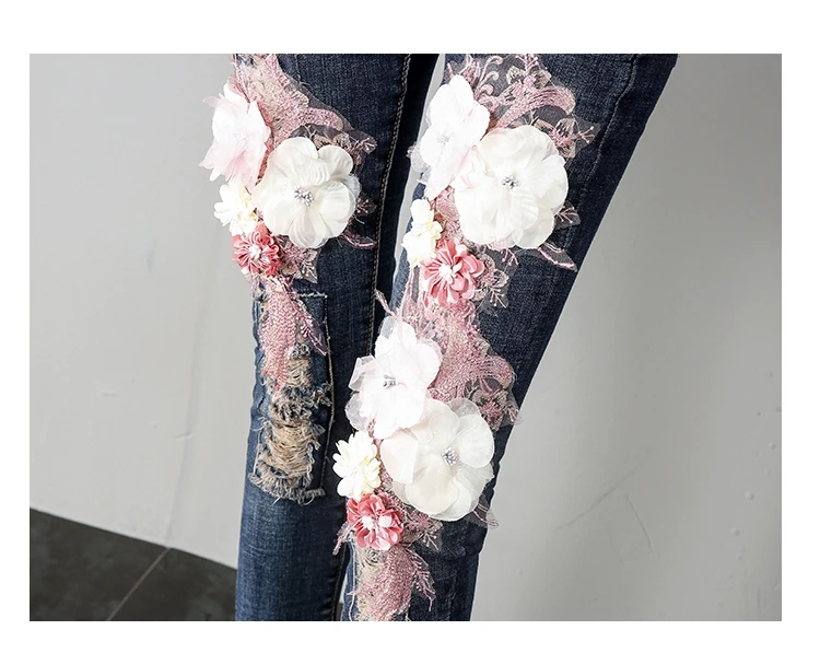 

2018 Spring Autumn Holes Jeans Womens Fashion Embrodiery Flowers Skinny Pencil Pants Ladies Students Slim Denim Jean Trousers