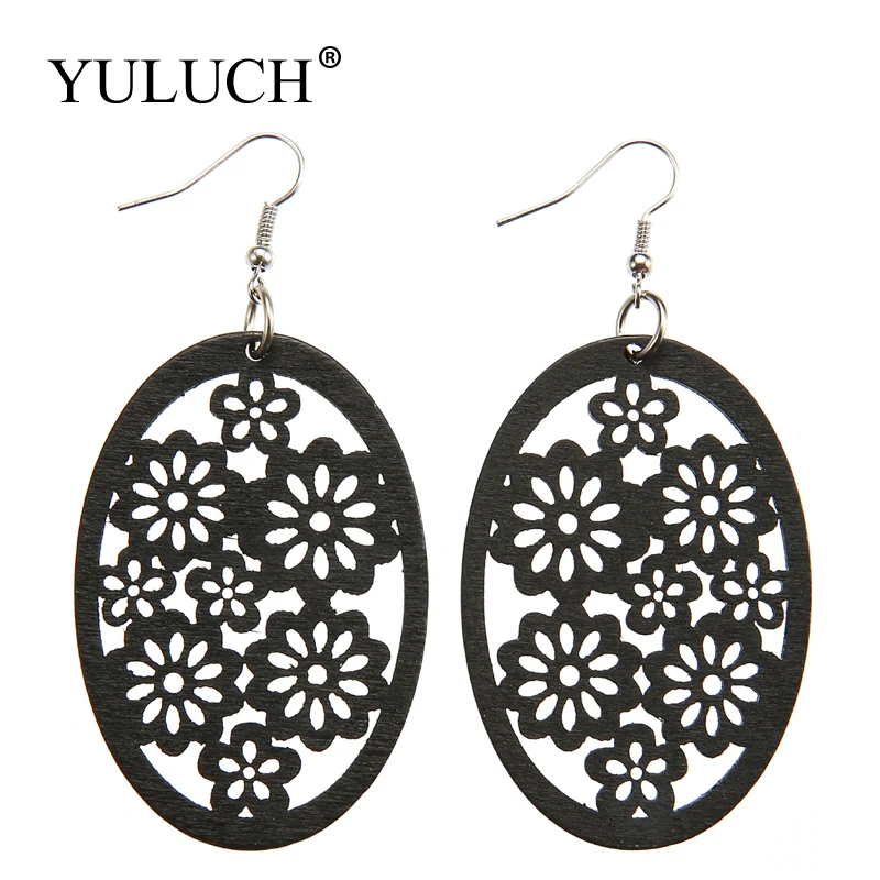 

YULUCH NEW Natural Wood earrings Drop Retro Flower Earring Trendy Black Hollow Design Jewelry For Party Gift Earrings for Women