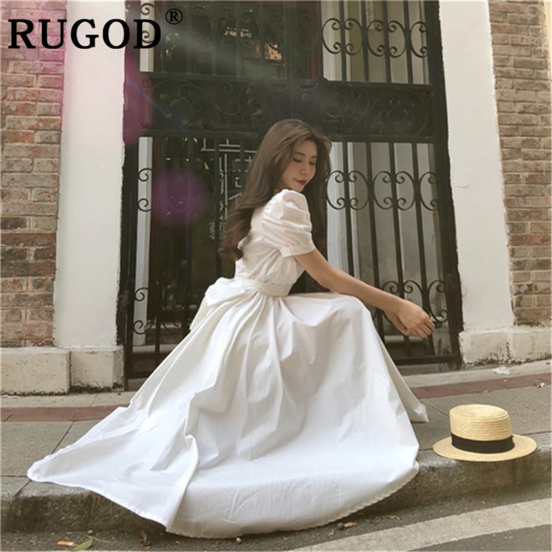 Женское вечернее платье RUGOD однотонное с бантом на спине и пышными рукавами