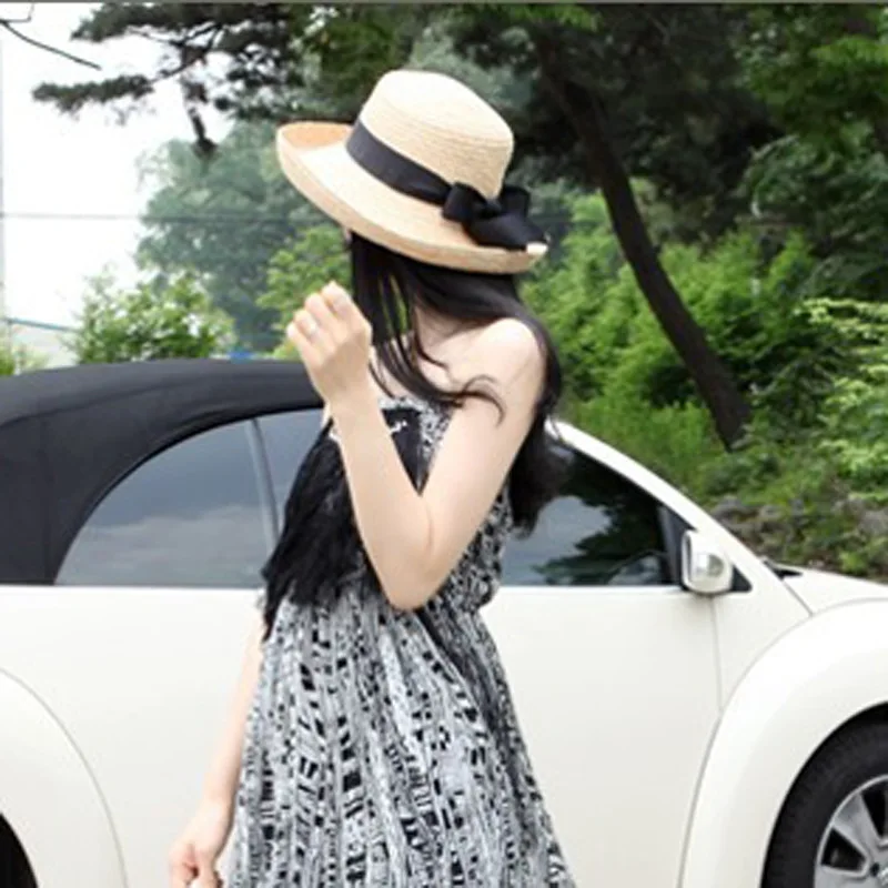 Модные новые летние Для женщин Защита от Солнца шляпа черный бантом ленты