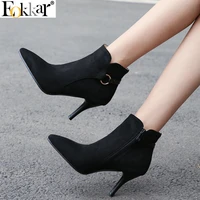 eokkar 2020 pointed toe women ankle boots thin high heel zipper all match winter boots flock elegant ladies boots size 34 43