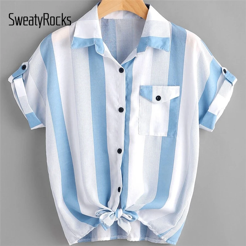SweatyRocks плюс полосатая блузка с карманами спереди, с закатанными рукавами, уличная одежда с узлом спереди, топы, летние повседневные женские блузки
