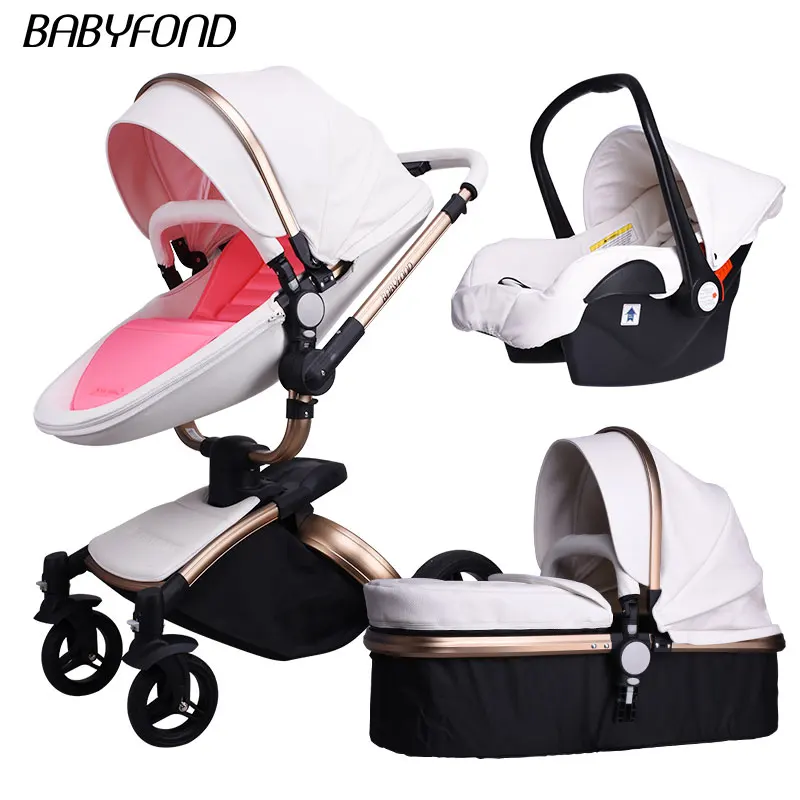 25 долл. США Купоны! babyfond кожа коляска Роскошные Детские коляски 3 в 1 складной kinderwagen Детские коляски ребенок коляска отправить бесплатные подарки - Цвет: 3 in  1 g-white 4