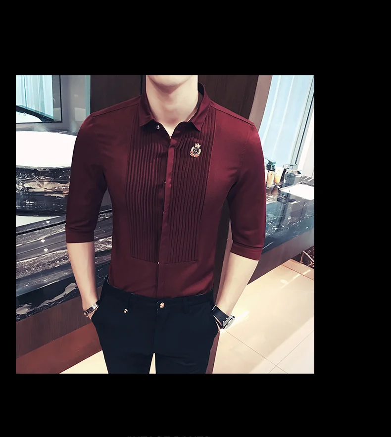 Мужские рубашки с коротким рукавом, летняя мода, Camisa Social Masculina, облегающая Мужская рубашка, цвет красного вина, белый, черный
