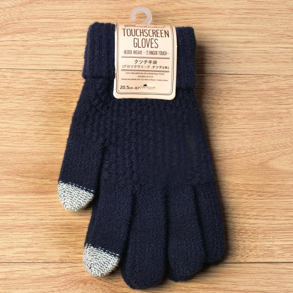 Adult Dark Blue Новые теплые зимние вязаные перчатки для пальцев Варежки для девочек детские однотонные шерстяные перчатки экран - Цвет: Adult Dark Blue