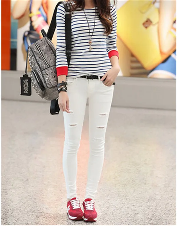 Лидер продаж женские белого и синего цвета в полоску Женщины Top o-образным вырезом