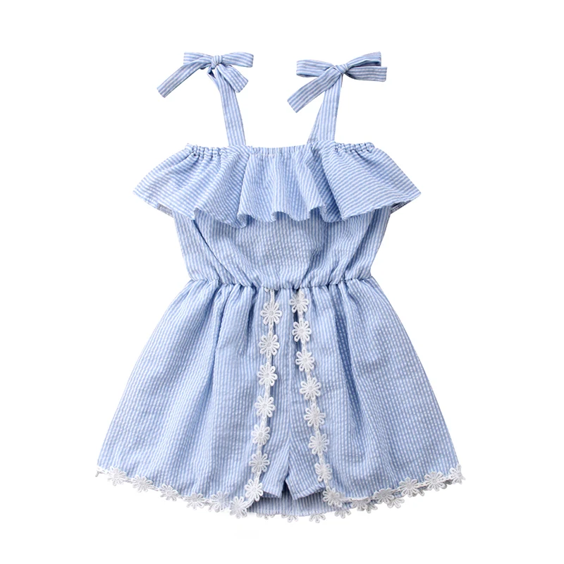 2018 Summer New Toddler Kids Baby Girl Off shoulder Cape Collar Lace Striped Romper Dress Sundress Clothes | Детская одежда и