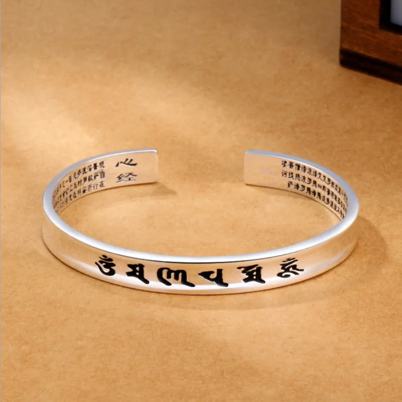 

Sanskrit Six Words Bangles For Women And Men 925 Pure Silver Opening Cuff Bracelet Lovers Om Mani Padme Hum Buddhism Jewelry